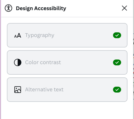 a screenshot of the design accessibility settings in Canva and green check boxes indicating this website meets accessibility standards.